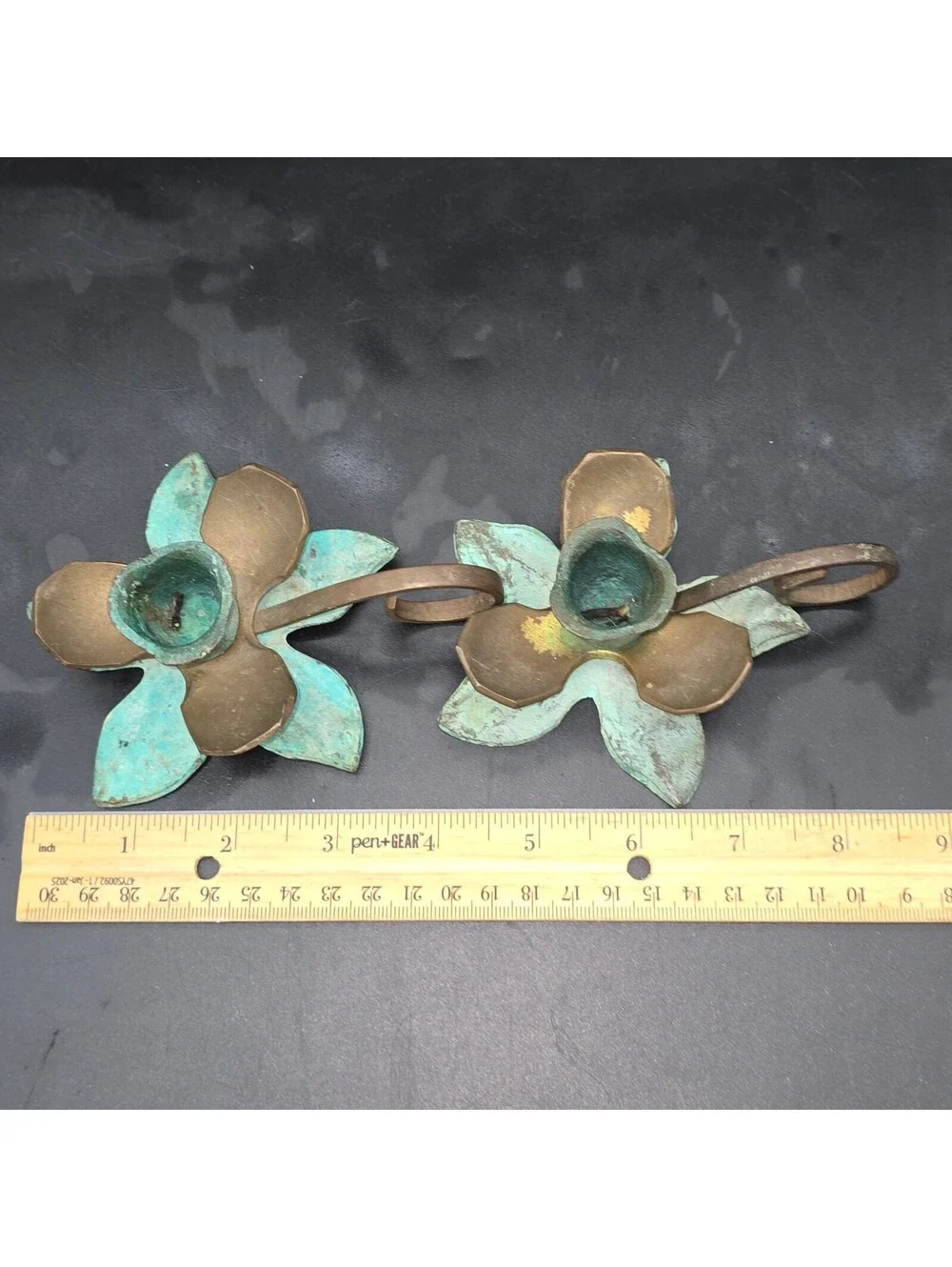 Vintage Verdigris Brass Flower Chamberstick Candle Holders Pair Made in India
